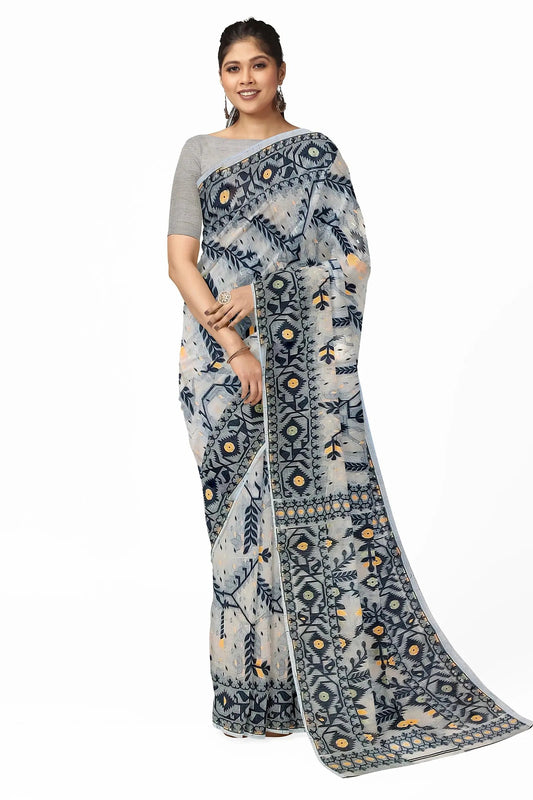 Bengal Dhakai Zigzag Cream saree