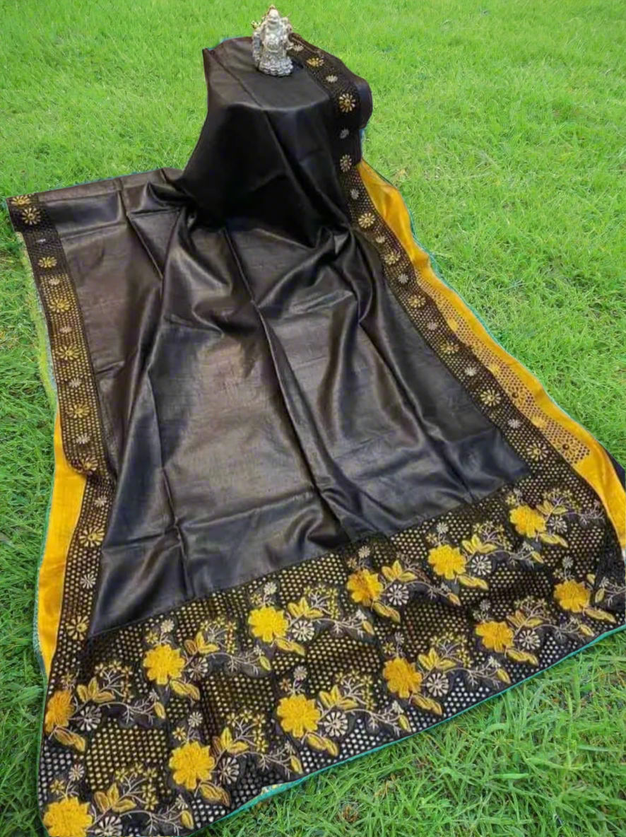 Cutwork border embroidery tussar silk saree, silk mark certified