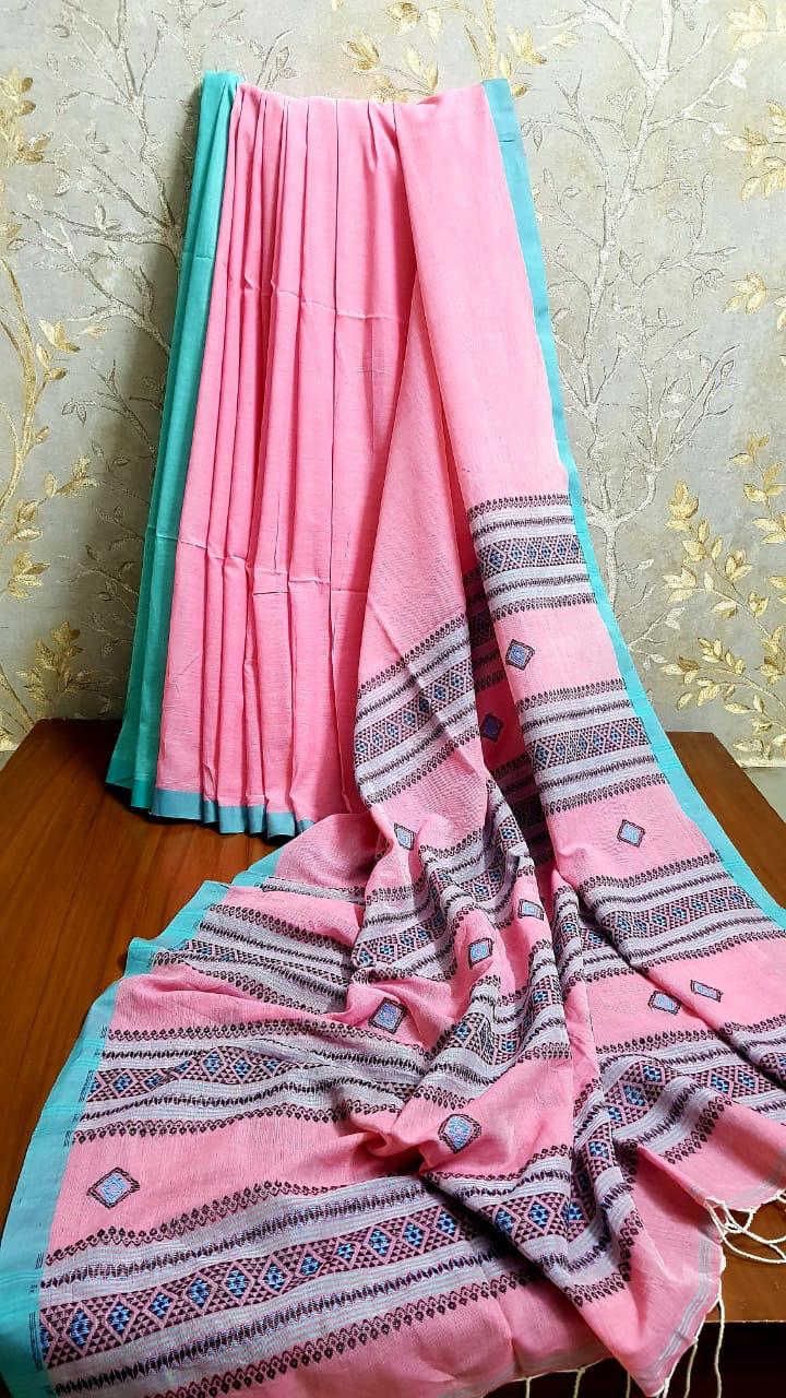Khadi cotton jamdani saree of Bengal - Pink - Jamdani saree