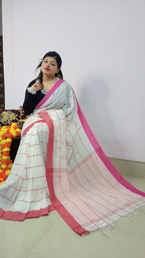 Pink coloured Khadi cotton - White - saree