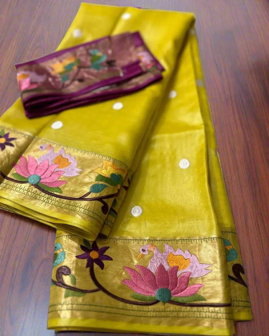 Paithani embroidery on desi tussar silk, An ensemble of love and tradition