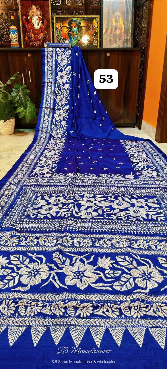 Blue kantha stitch saree on blended Bangalore silk