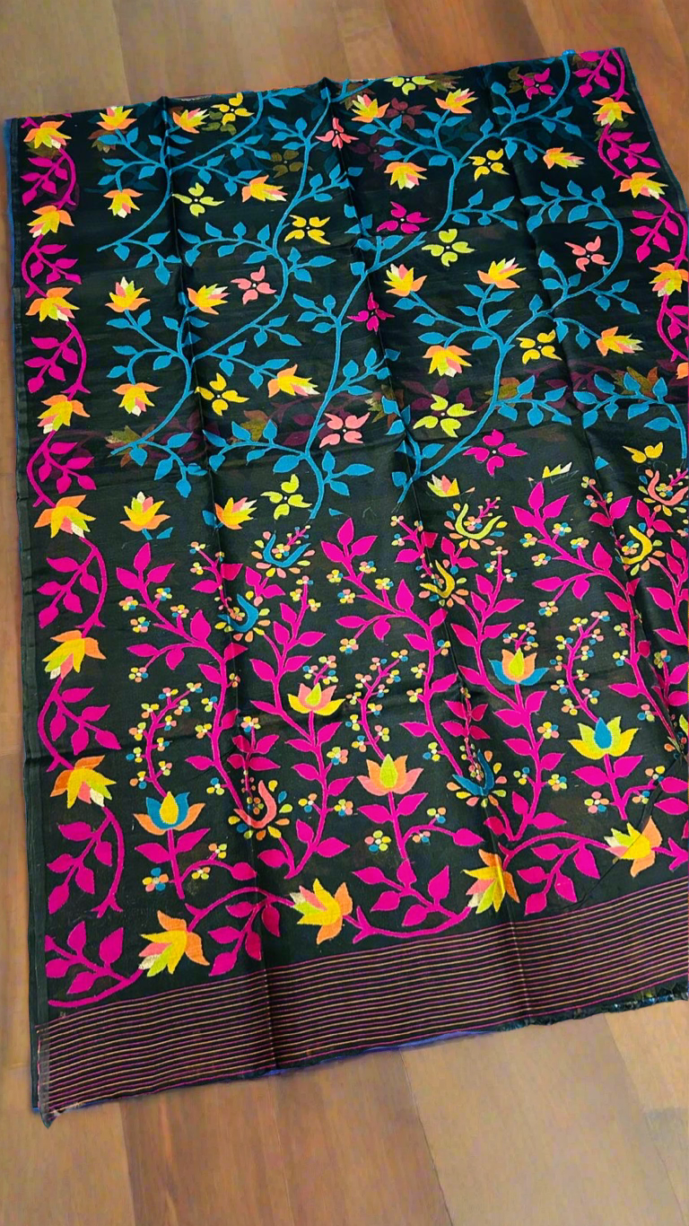 Black Muslin Tantuj jamdani saree from Bengal, multicoloured flower on original Resham