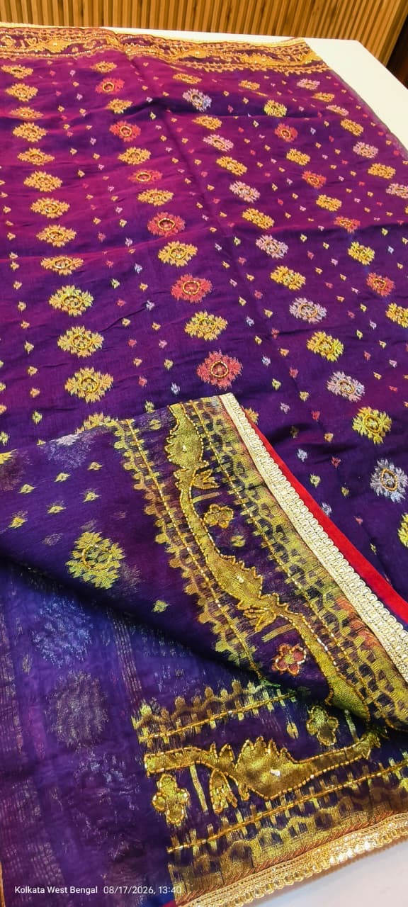 Handmade karchupi work on mercerised cotton jamdani saree