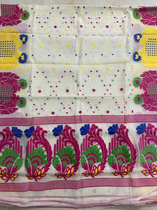 Pineapple soft dhakai jamdani saree - White