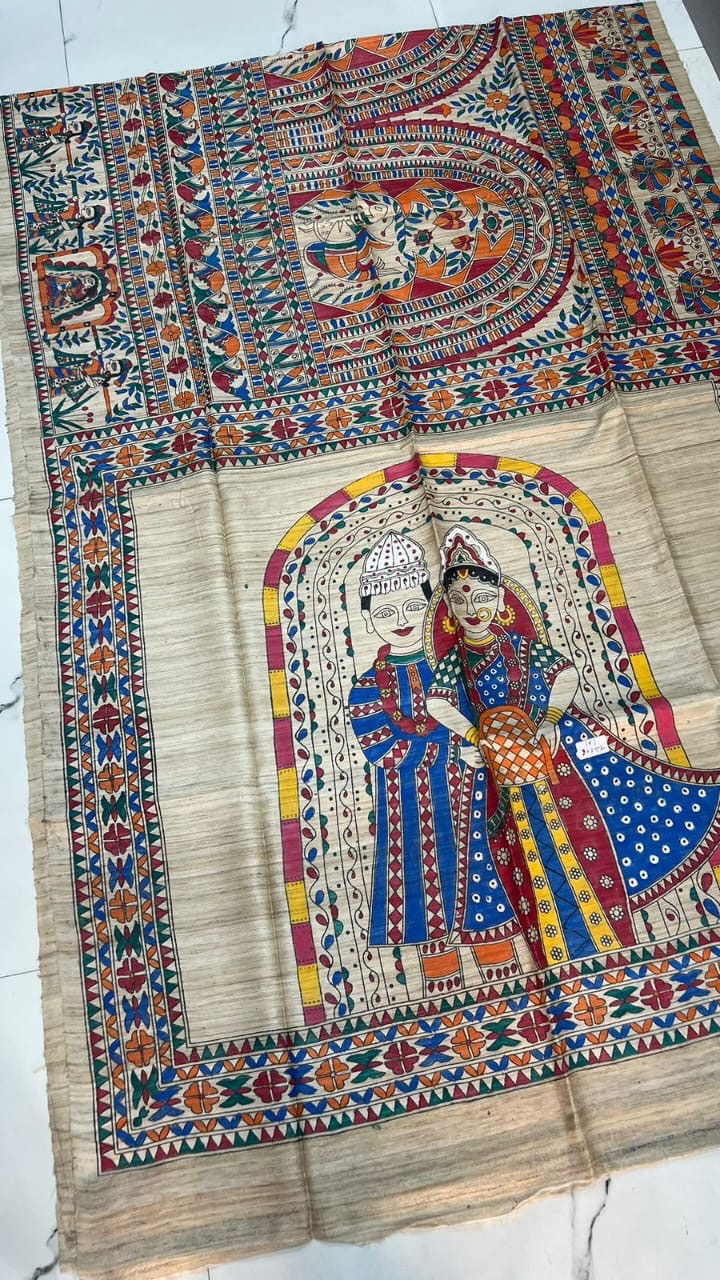 Tusshar gicha Madhubani hand painting saree