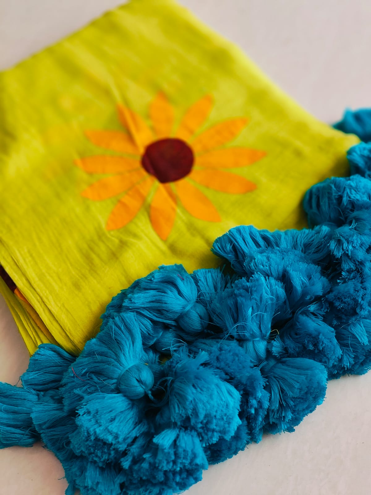 120 count hand paint big pom-pom Mul cotton saree No blouse - Parrot green - Mul cotton