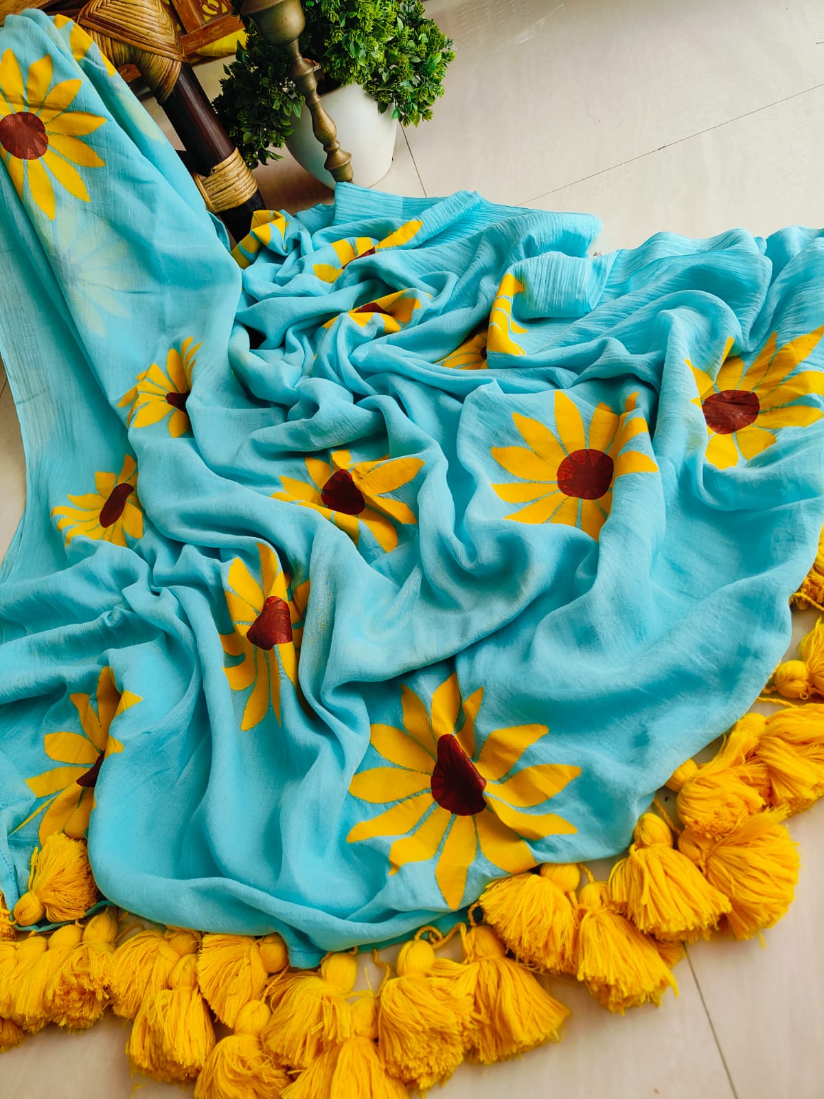 120 count hand paint big pom-pom Mul cotton saree No blouse - 🌌 sky - Mul cotton