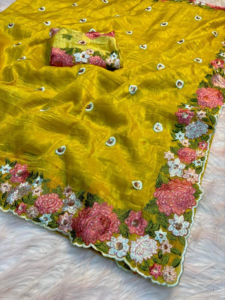 Crushed tissue cutwork saree