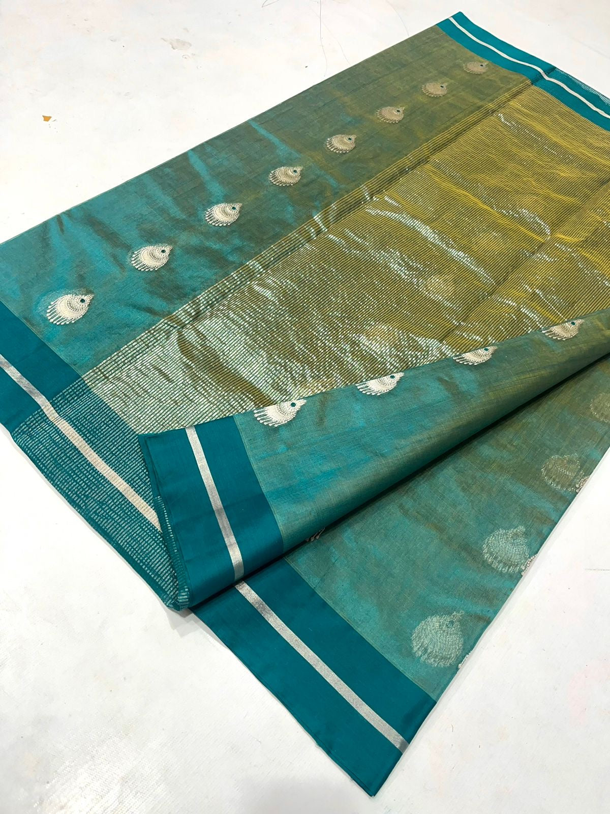 Dual tone firoza  Pattu Tissue Saree from Putul's Fashion