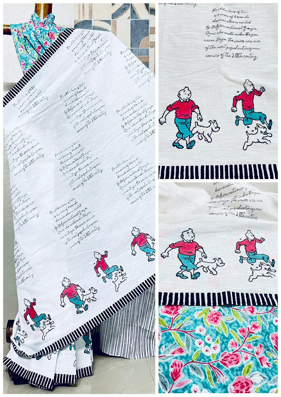Khadi cotton comic saree tintin with blouse