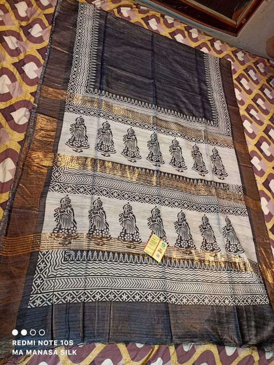 Zari border Tussar silk Gicha printed saree potochitra black - Tussar saree