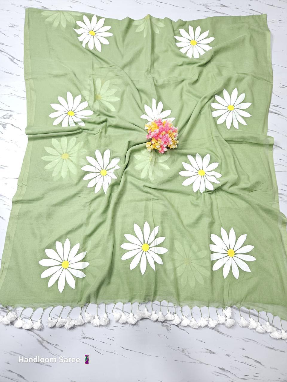 250 gram weight handpainted mul cotton saree dual tone - Icy green - mal cotton