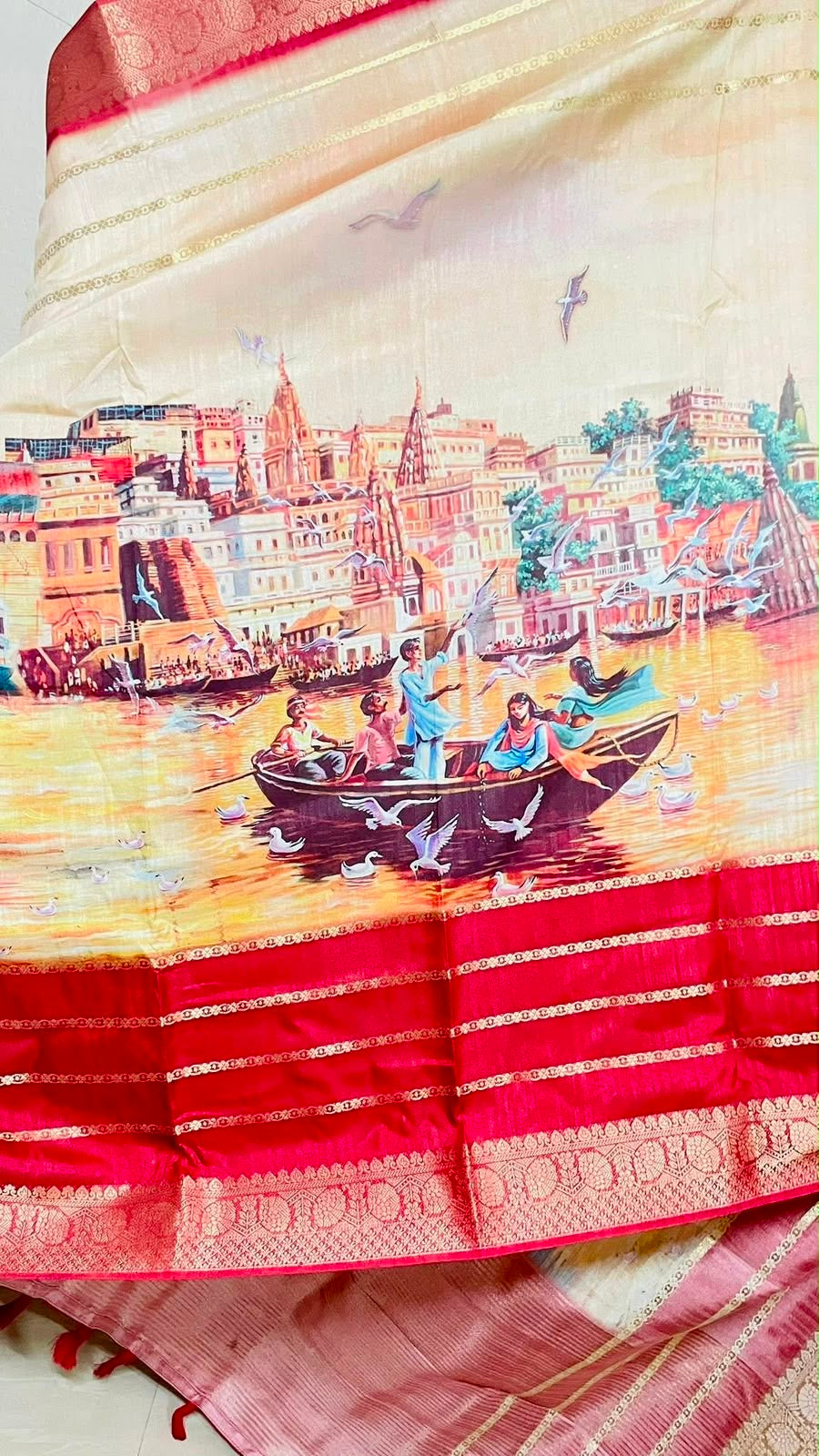 Chanderi Silk Saree with Allover Print Ganga Ghat Picture