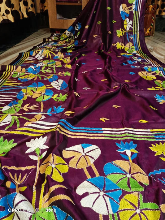 Chocolate coloured kantha stitch saree on boended bangalore silk