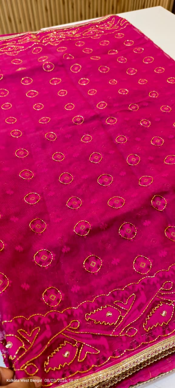 Rani coloured kardana jamdani with blouse piece
