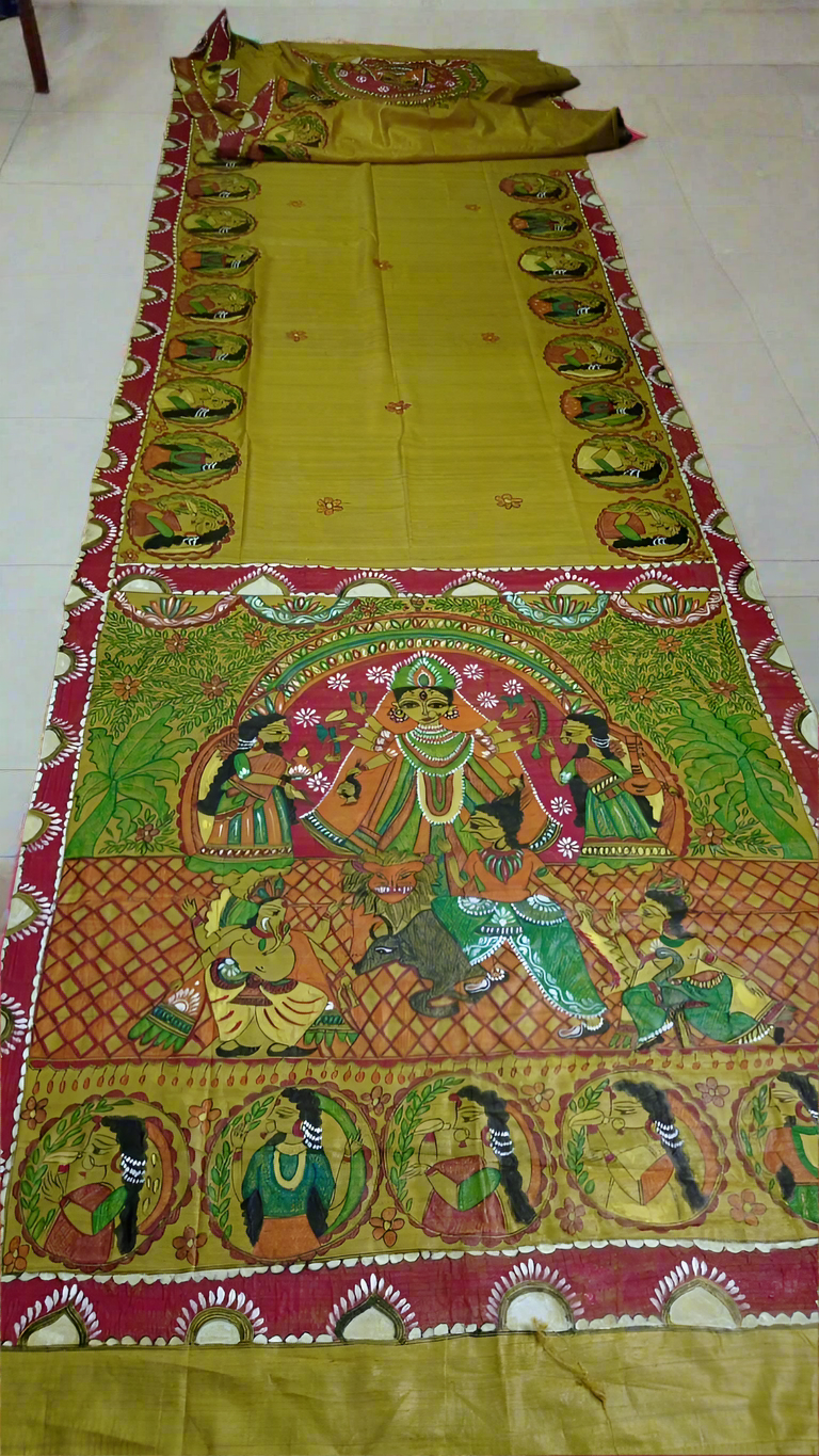 Madhubani hand painting on desi tussar silk saree silk mark certified, maa durga theme