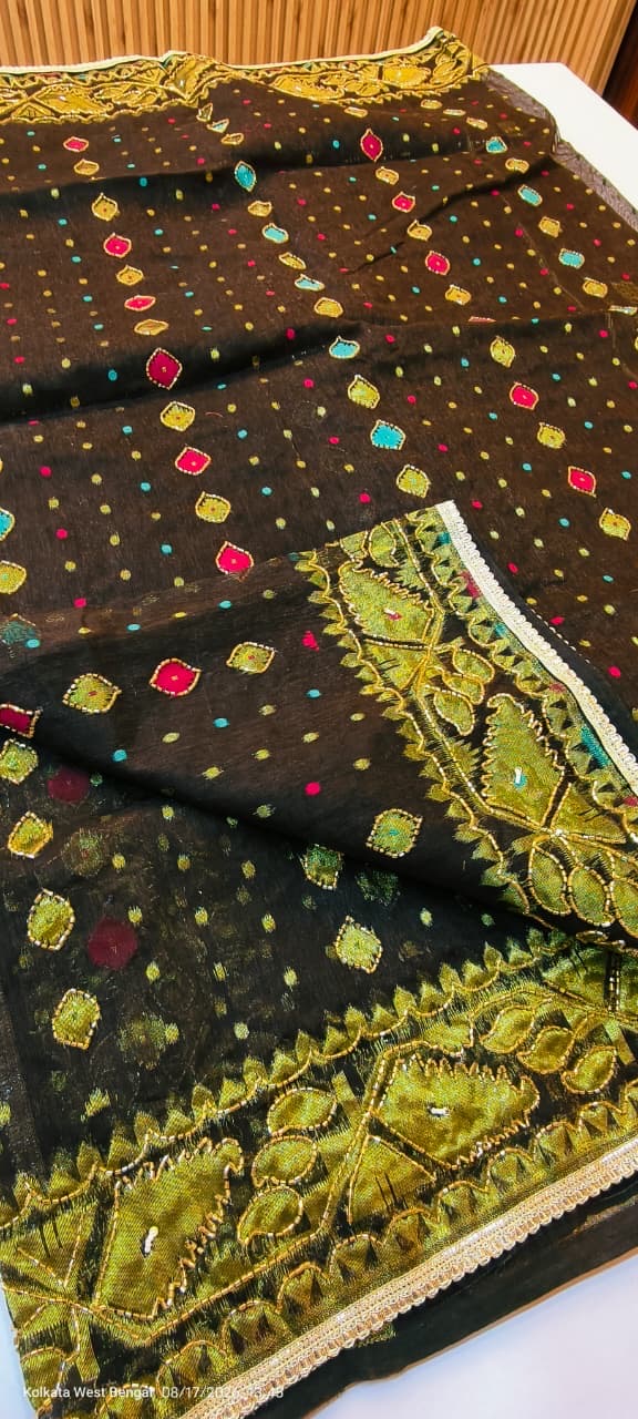 Black Handmade karchupi work on mercerised cotton jamdani saree