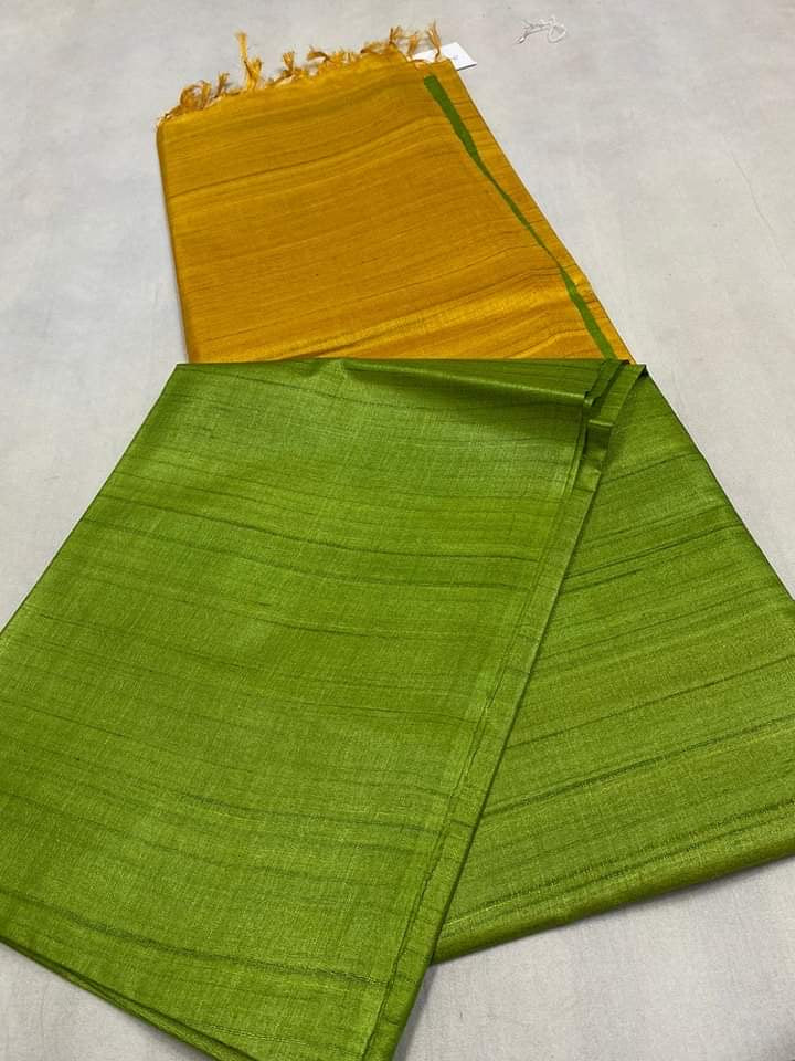 Desi tussar bi tussar silk mark certified saree green body is mingled with yellow pallu