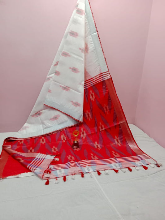 White red ikkat cotton linen saree