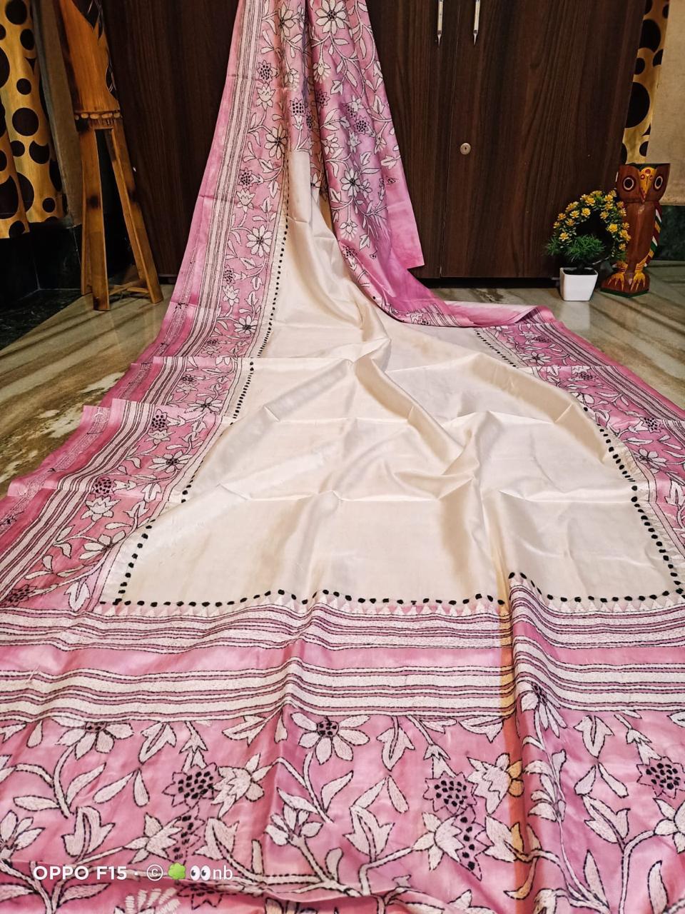 Kantha stitch on blended Bangalore silk - Kantha stich
