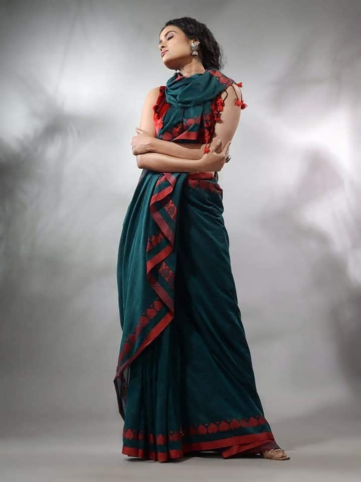 Bridal red Khadi cotton saree love weaving on border buy online - Sea green - cotton