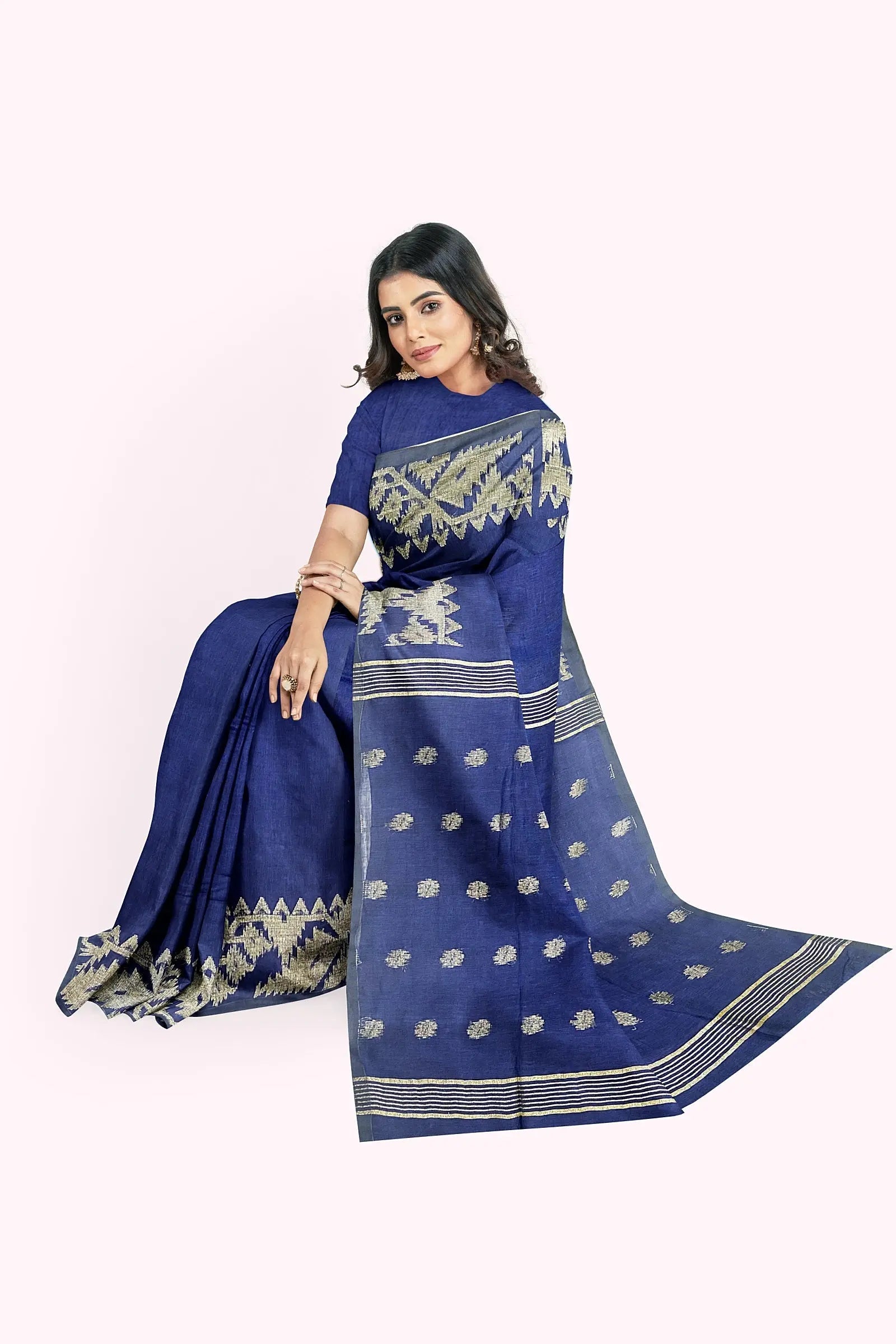 Linen karat jamdani- blue My Store