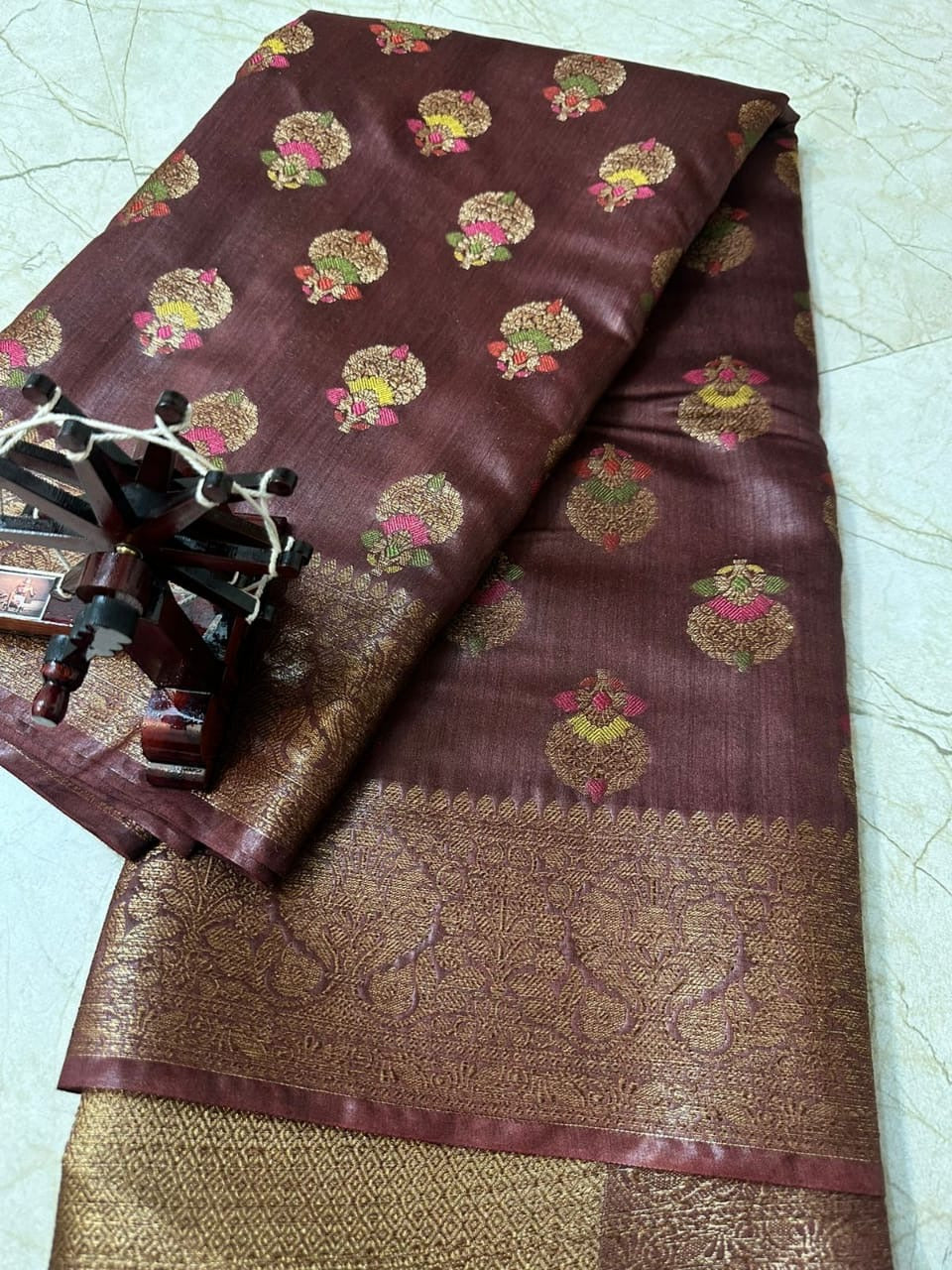 Tussar Muga banarasi saree silk mark certified meenakari weaving - Chocolate - muga banarasi