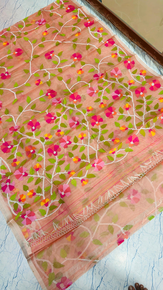 Peach Floral Muslin Jamdani Saree by Putul's Fashion