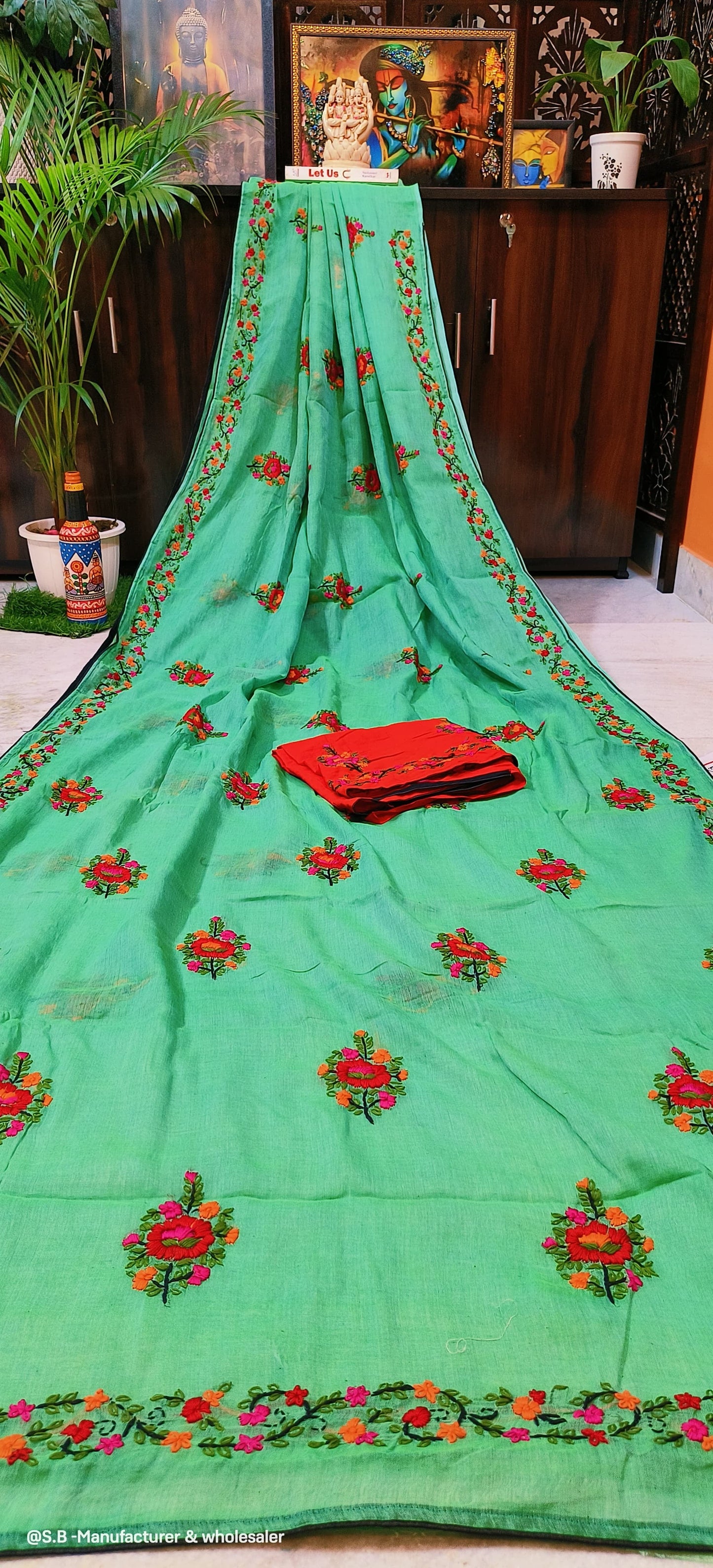 Hand bullion Parsi work on cotton tussar saree Green - handloom saree
