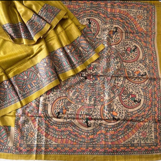Madhubani Hand paint on desi tussar saree Mithila Mayuri on border silk mark certified - Tussar saree