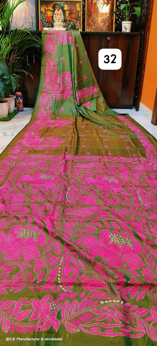 Kantha stitch on blended Bangalore silk - Kantha stich