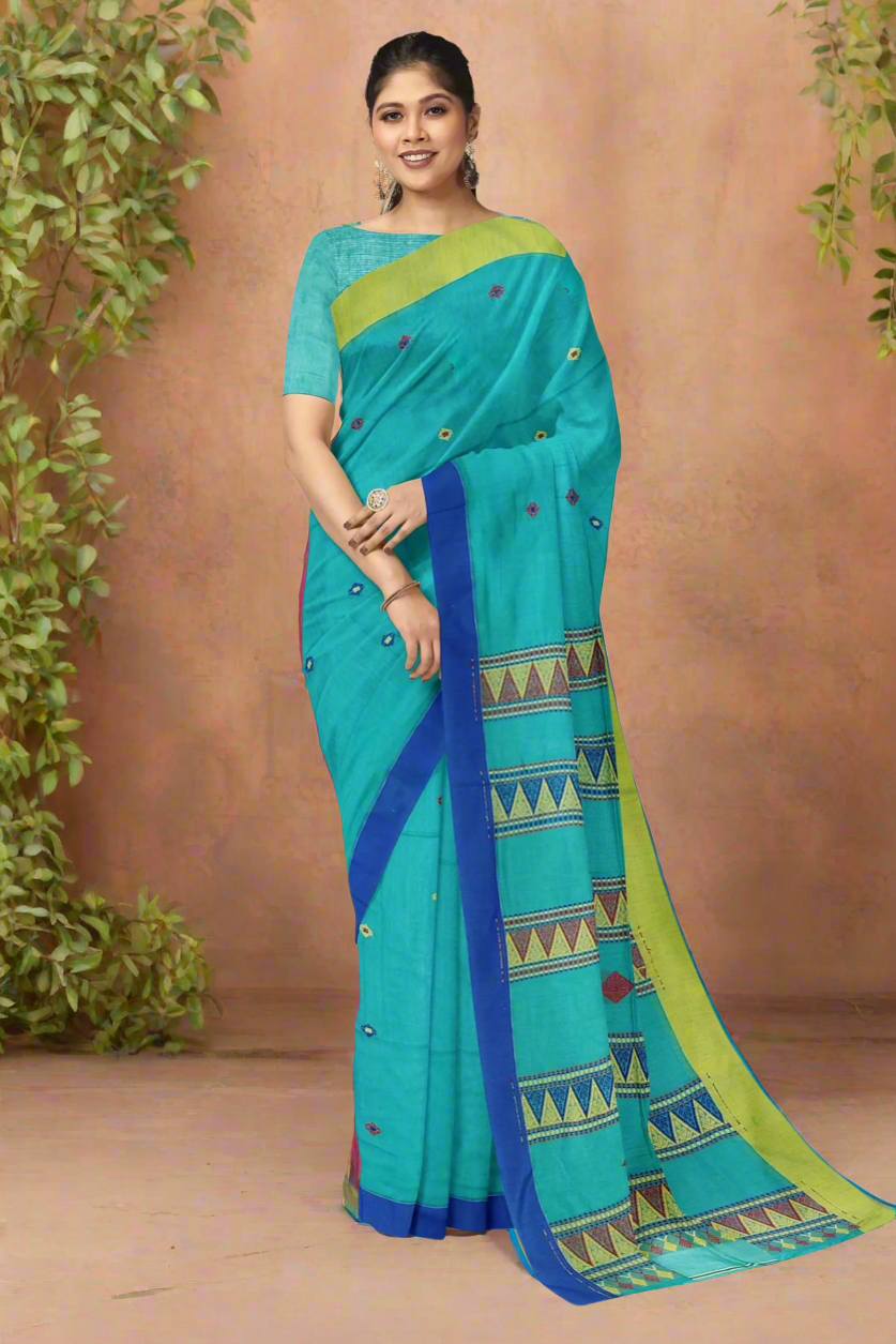 Teal coloured pure cotton saree