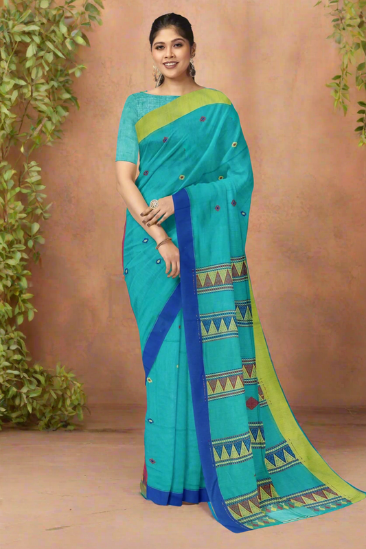 Teal coloured pure cotton saree