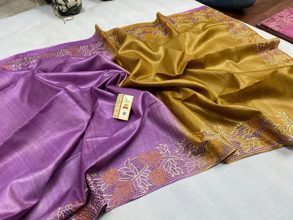 Tussar bi tussar cutwork embroidery silk marked saree