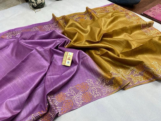 Tussar bi tussar cutwork embroidery silk marked saree
