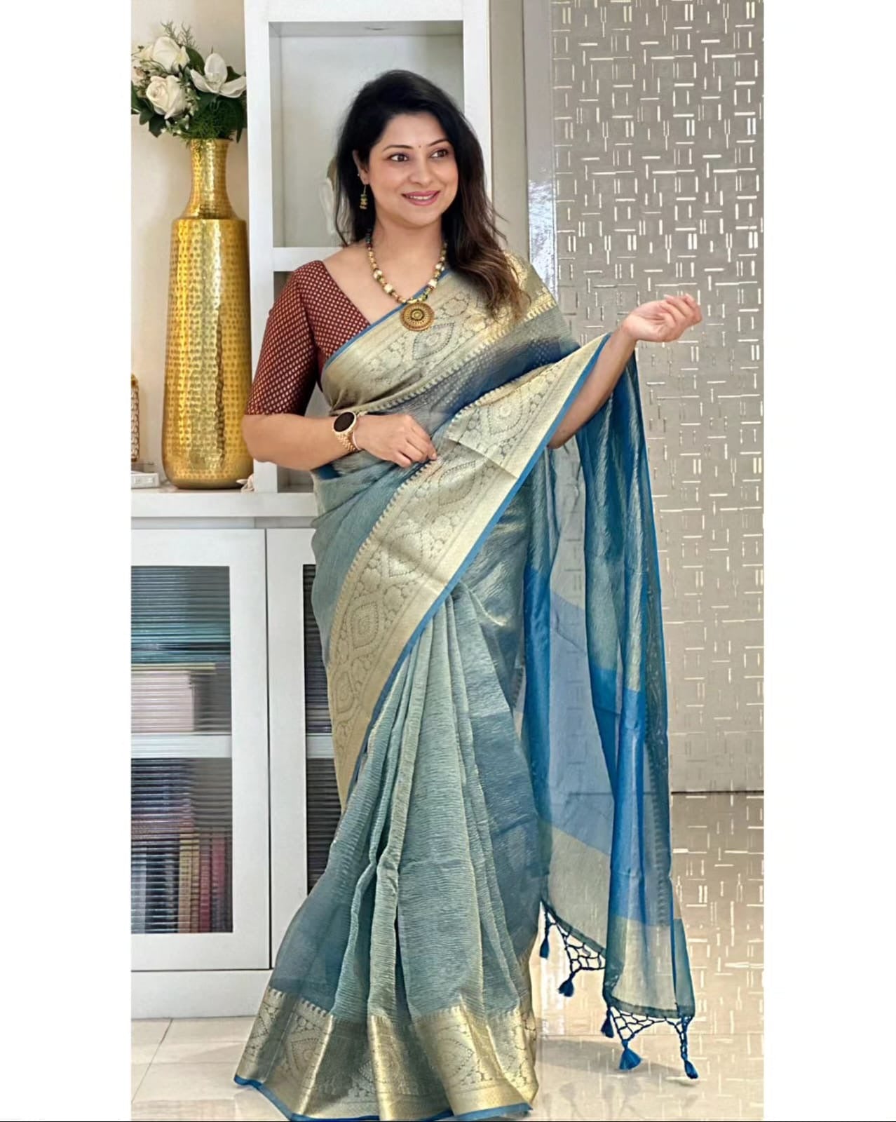 Crushed Tissue Banarasi Saree for Timeless Traditional Elegance - Blue - Tissue saree