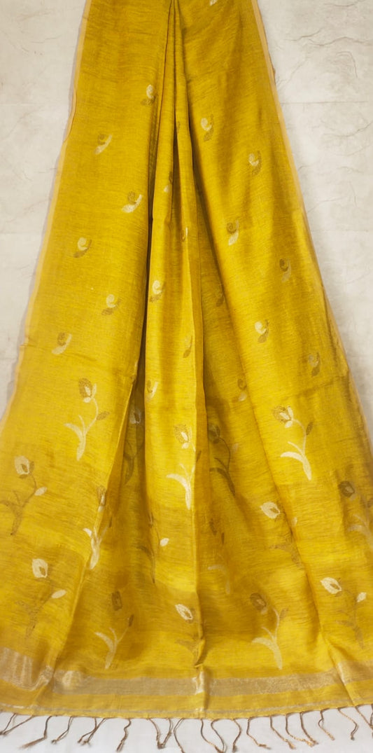 Tissue linen saree An elegant design of jamdani - Yellow - Linen Saree