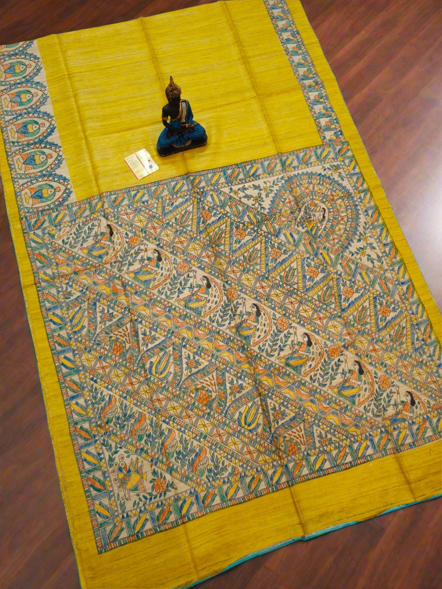 Madhubani hand painting on desi tussar saree