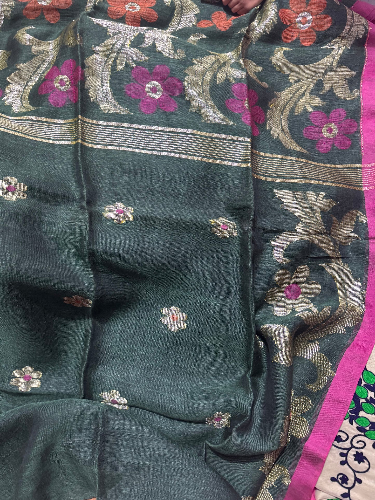 Ganga yamuna Linen jamdani saree of Puja, mehendi green