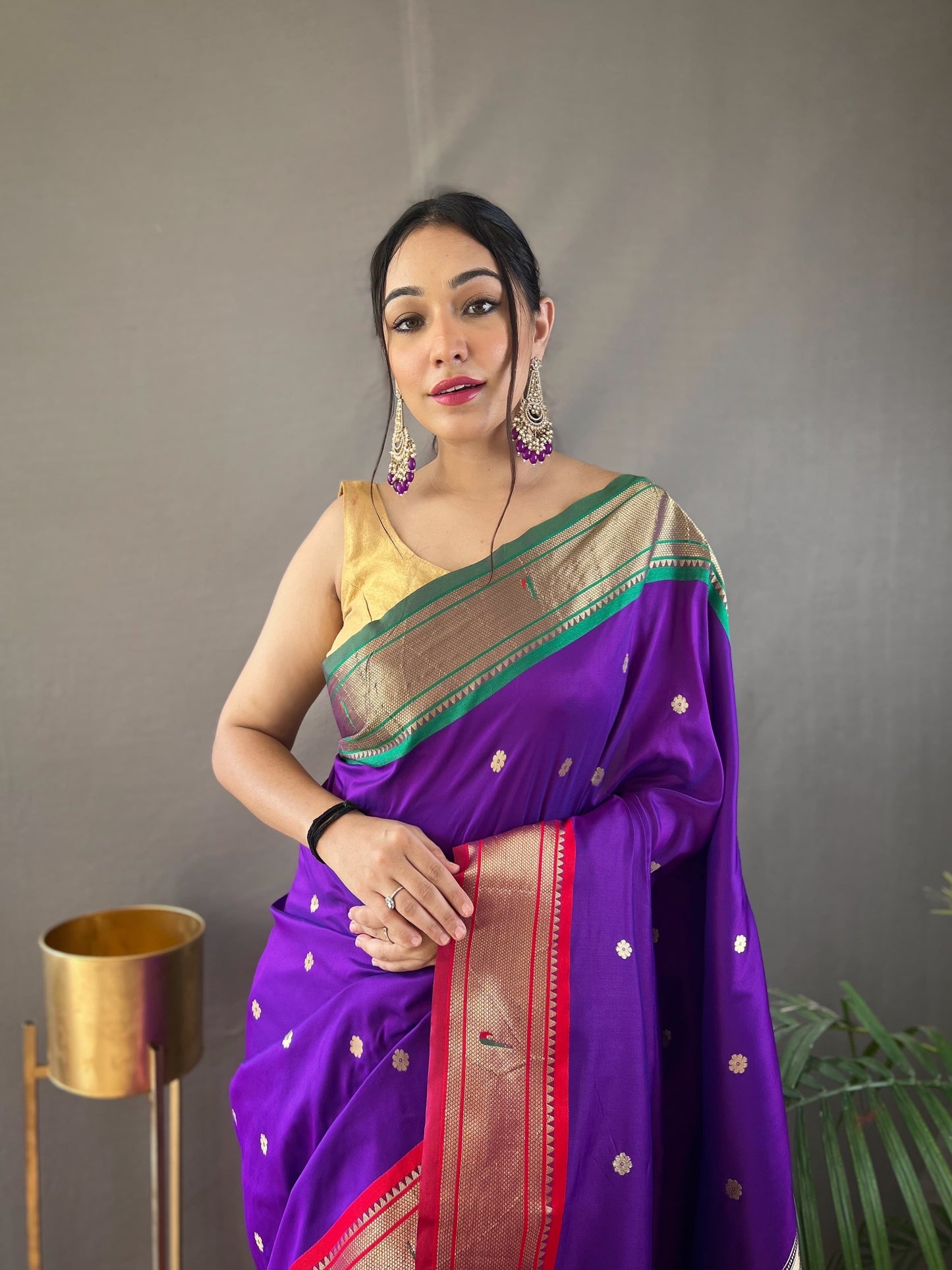 Ganga yamuna border paithani kanchipuram fusion saree - Violet - Paithani silk