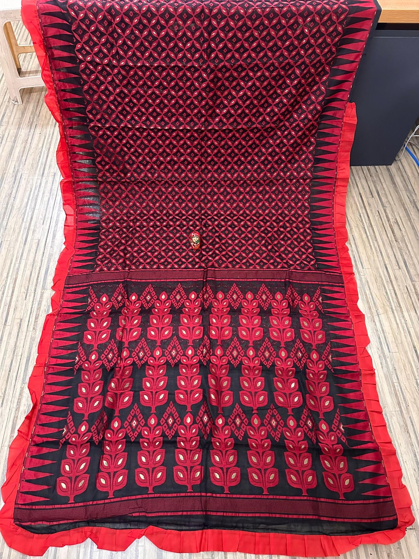 Frill bengal soft resham dhakai jamdani - Black red