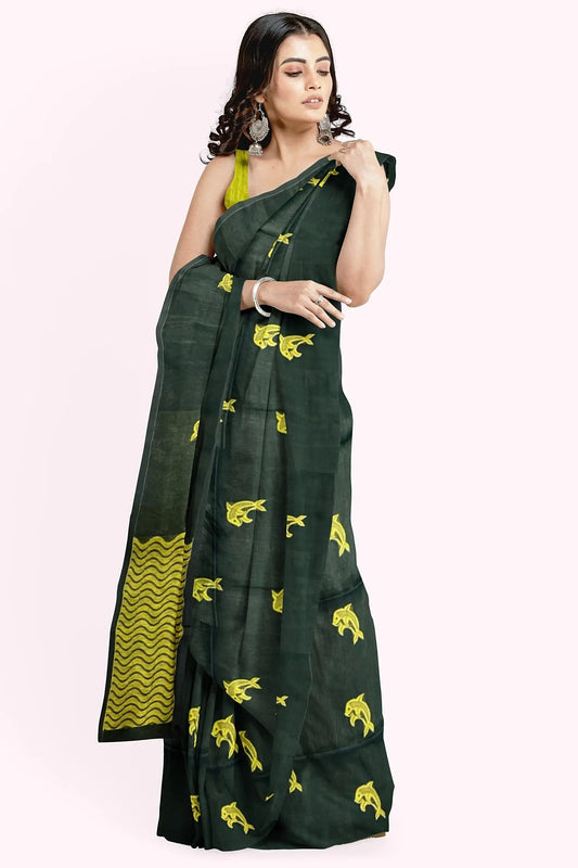 Linen dolphin motif saree My Store