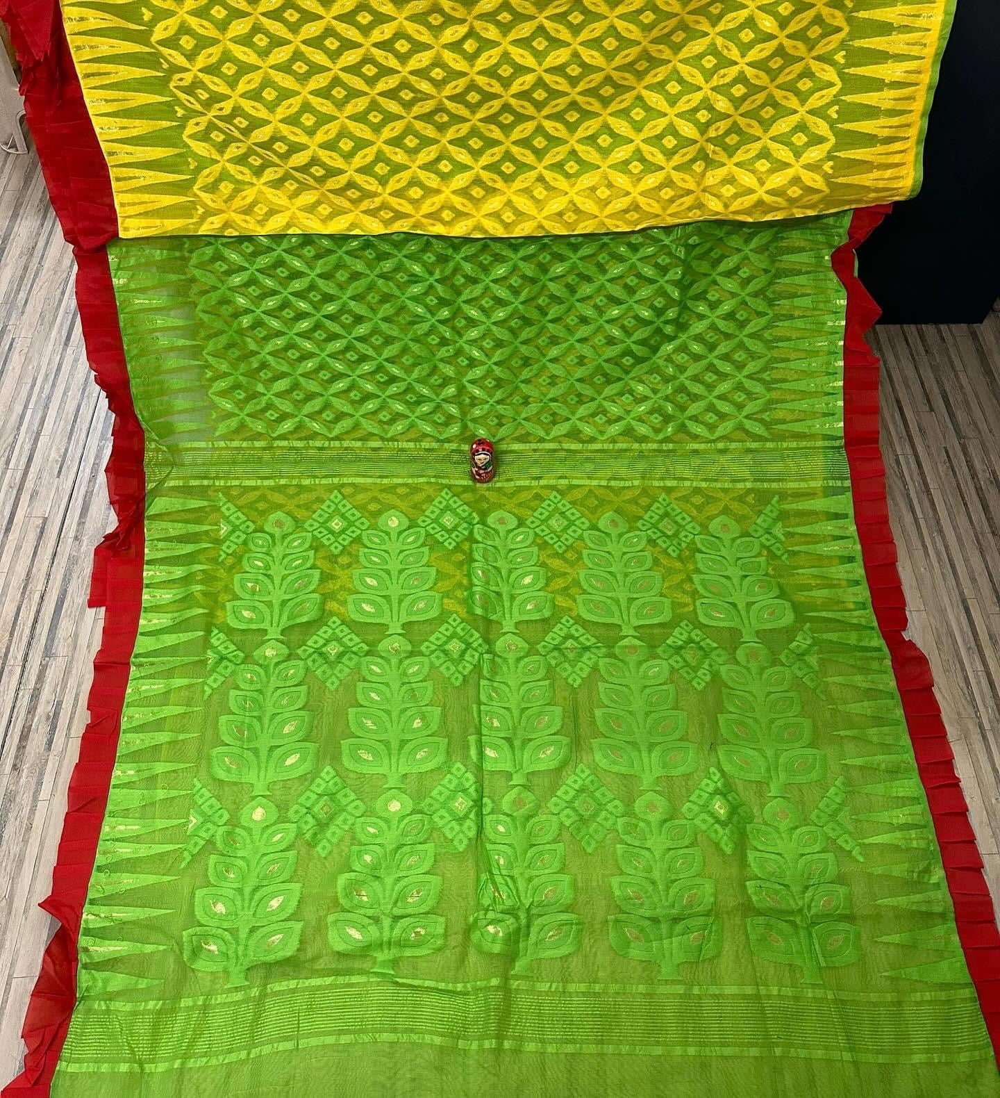 Frill bengal soft resham dhakai jamdani - Yellow green