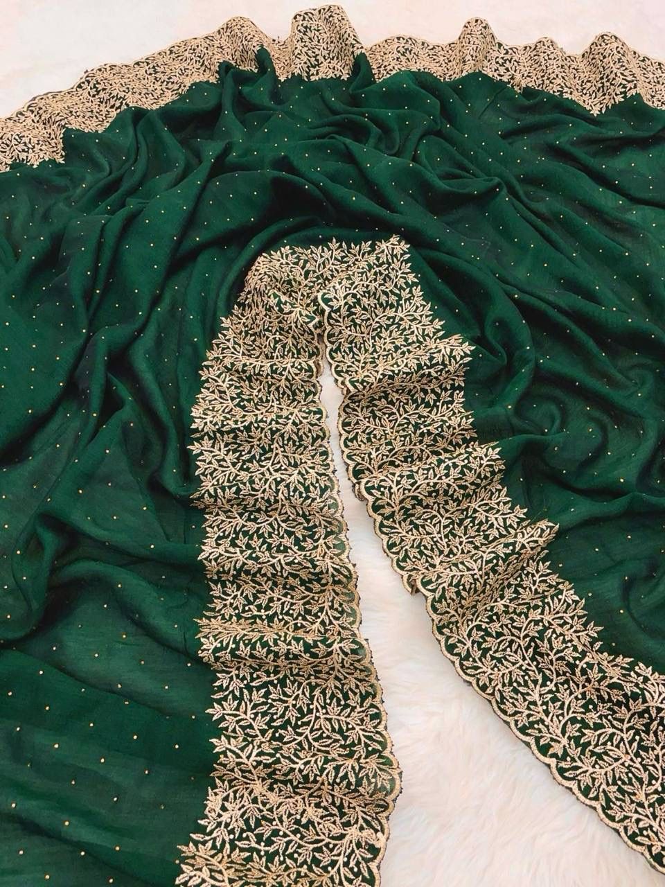 Vichitra silk saree with stone allover the saree - Green