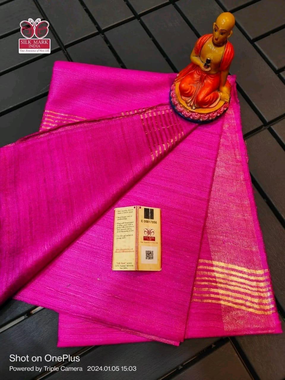 Single dye zari border gicha tussar silk saree silk mark certified