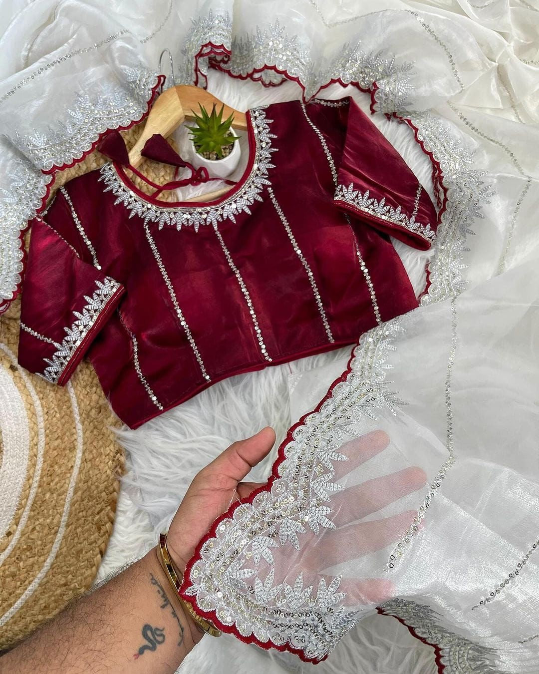 Jimmy choo stone saree with stitched blouse - White - Jimmy