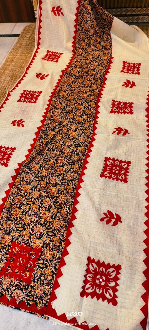 Applique and patch work on dhaniyakhali taant saree