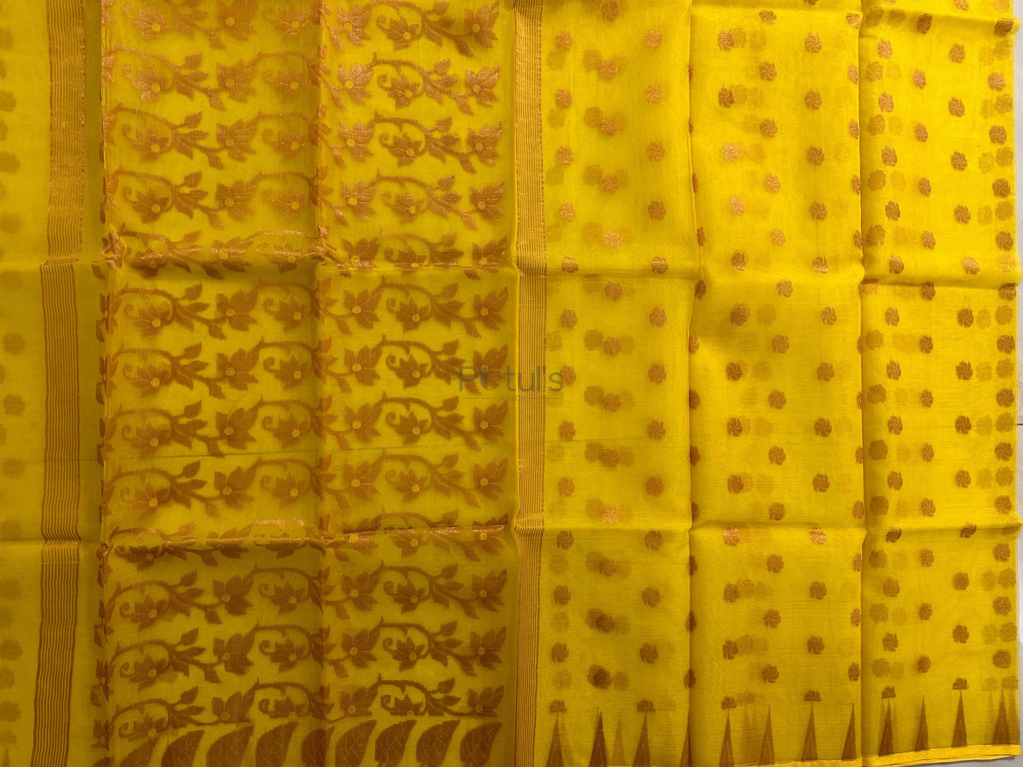 Yellow coloured Muslin saree of golden meenakari work Putul's Fashion
