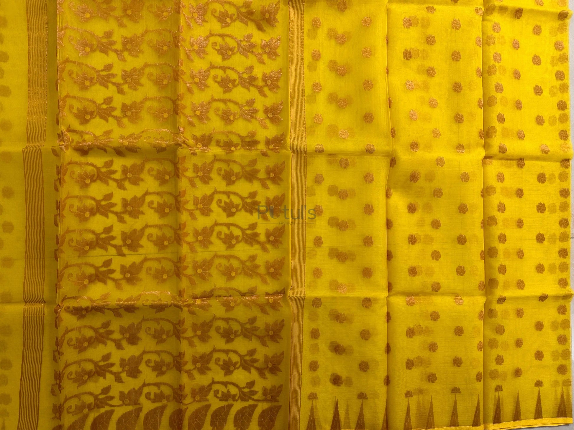 Yellow coloured Muslin saree of golden meenakari work Putul's Fashion